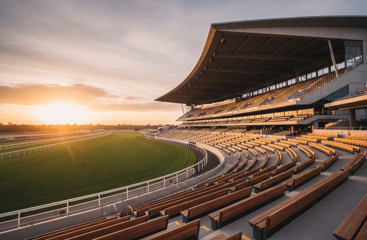 Empty grandstand at an Australian racecourse at sunset