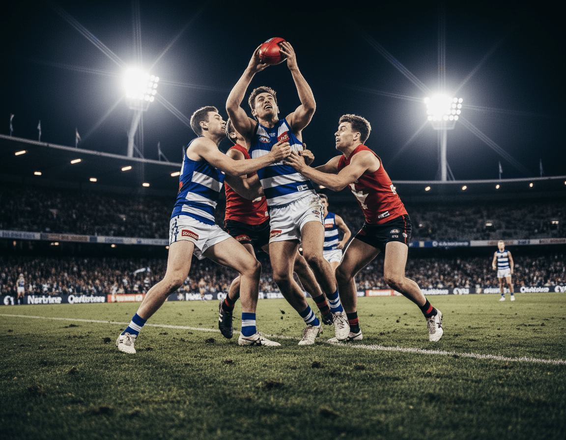 Australian rules footballers contesting a mark under stadium lights