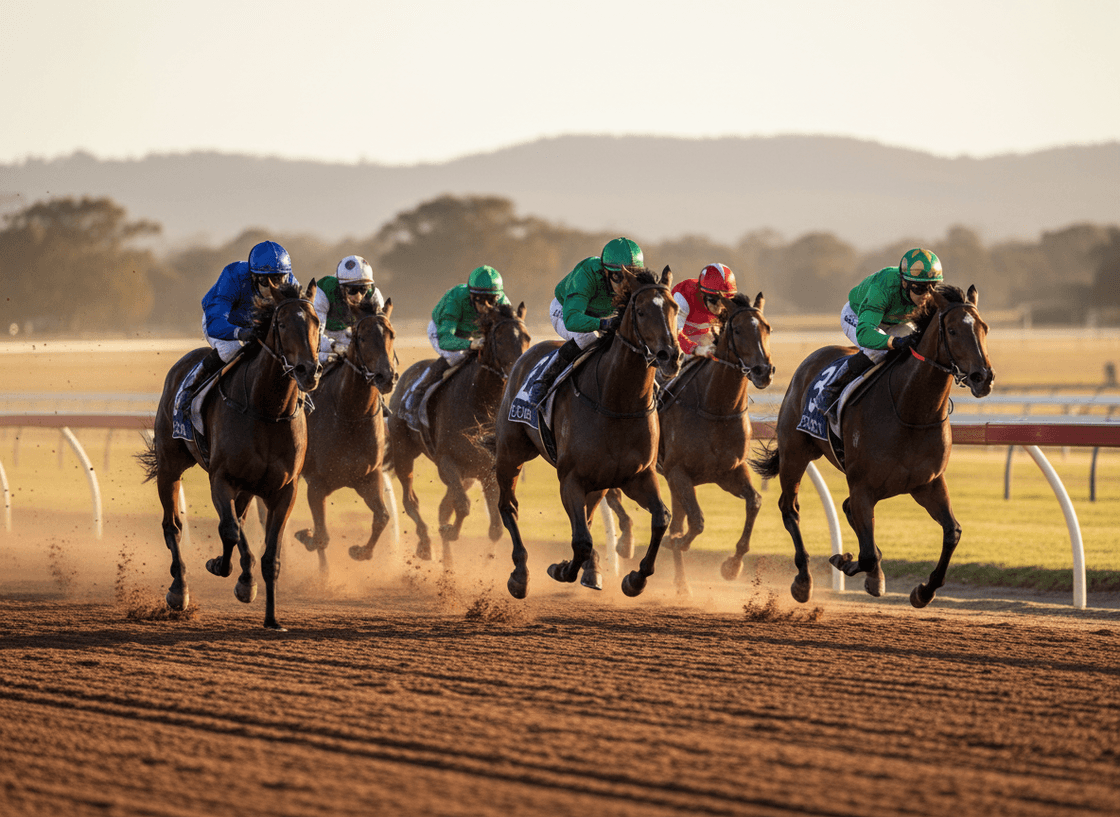 Thoroughbreds racing down the straight at an Australian track