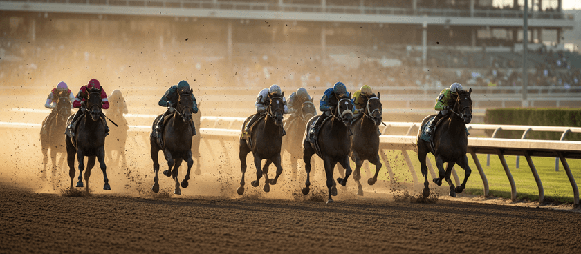 Thoroughbreds rounding the turn at an Australian racetrack